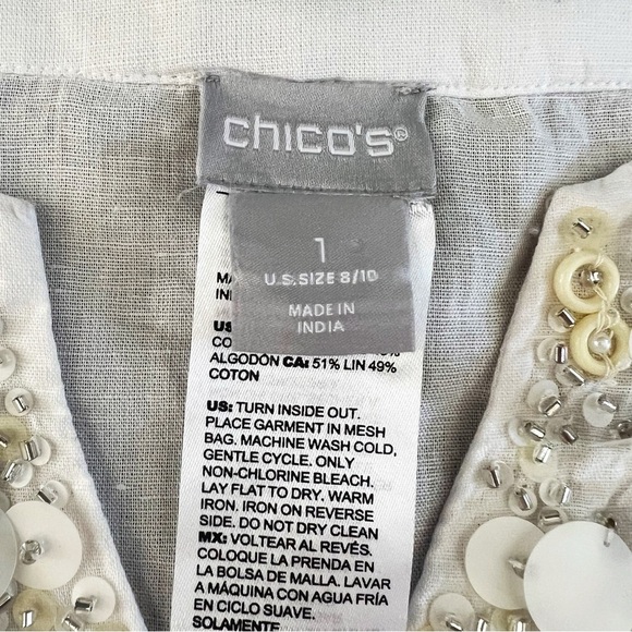 Chico’s Linen Cotton Beaded Tie Front Top Boxy Beachy Coastal 10 Lagenlook Chic - Picture 9 of 12